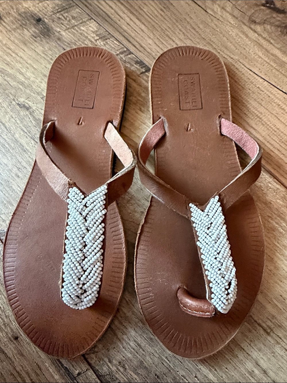 Swahili Coast Compass Beaded Leather Sandals Boho Artisan Handcrafted Size 7